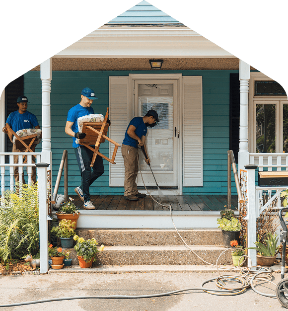 A Surv crew working on a front porch