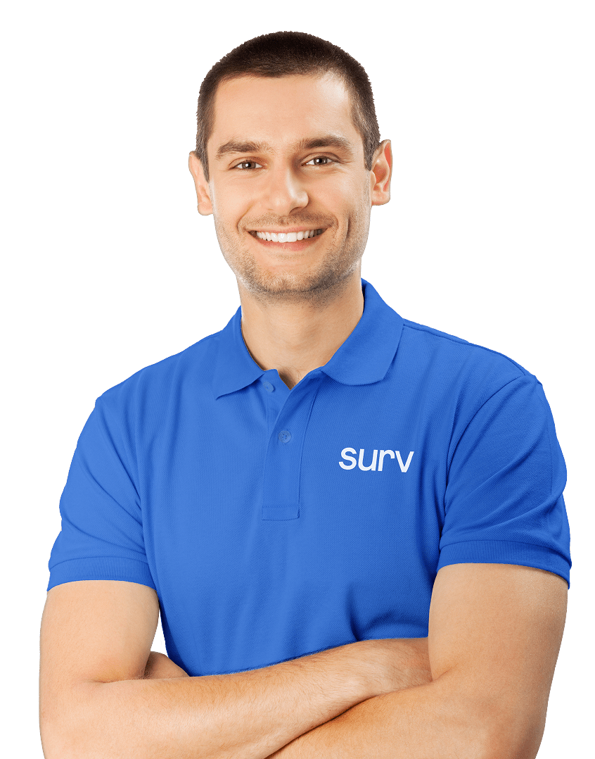 A man wearing a Surv shirt
