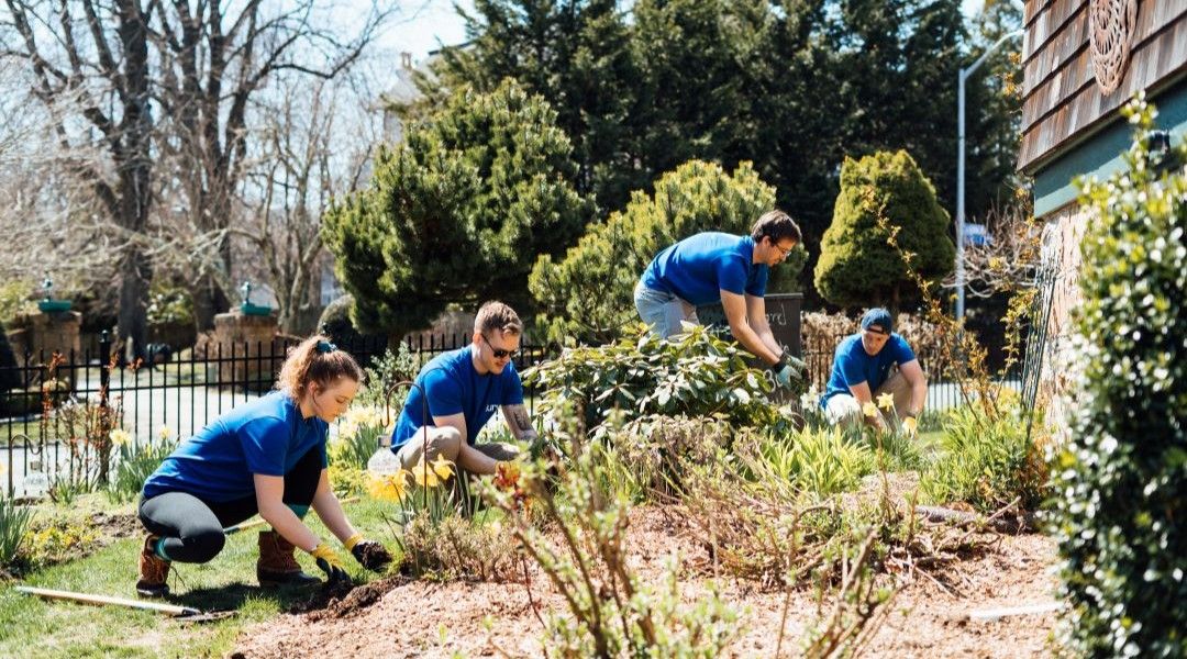 A Surv crew working in a front yard